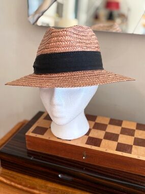 Saks Fifth Avenue Vintage Braided Straw Hat  with Black Hatband, Made in Italy